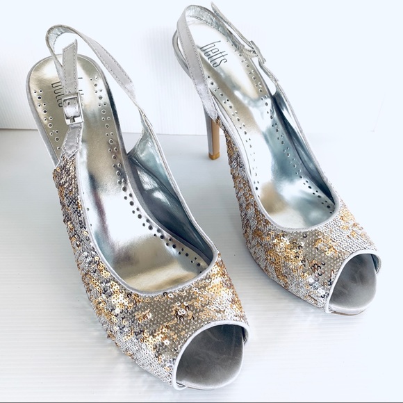 Betts Casino Silver Gold Sequin Peep Toe Slingback - Picture 2 of 16